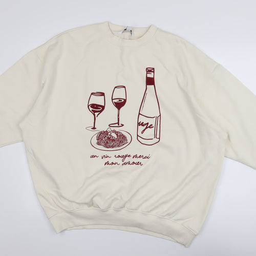 Next Women Beige Graphic Wine Print Pullover Sweatshirt L
