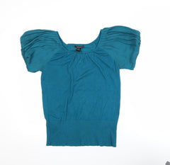 Mango Suit Women Teal Short Sleeve Puff Top Size M Cotton Blend