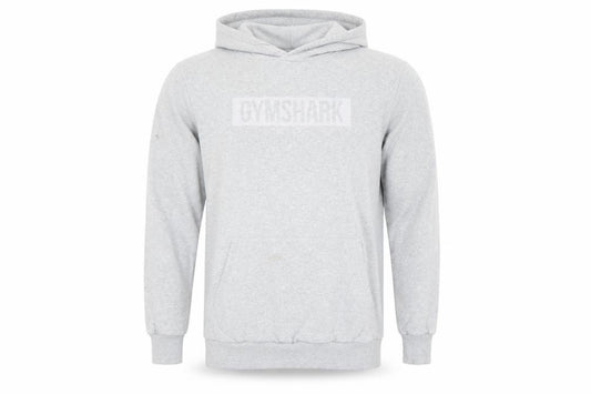Front view of Gymshark men’s grey pullover hoodie, size S, regular fit fleece logo