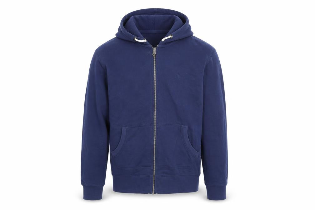 Front view of FatFace men’s blue full zip hooded jacket, size M, cotton blend