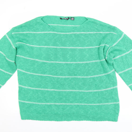 Golddigga Women's Green Striped Knit Jumper UK 18 Long Sleeve Crew Neck