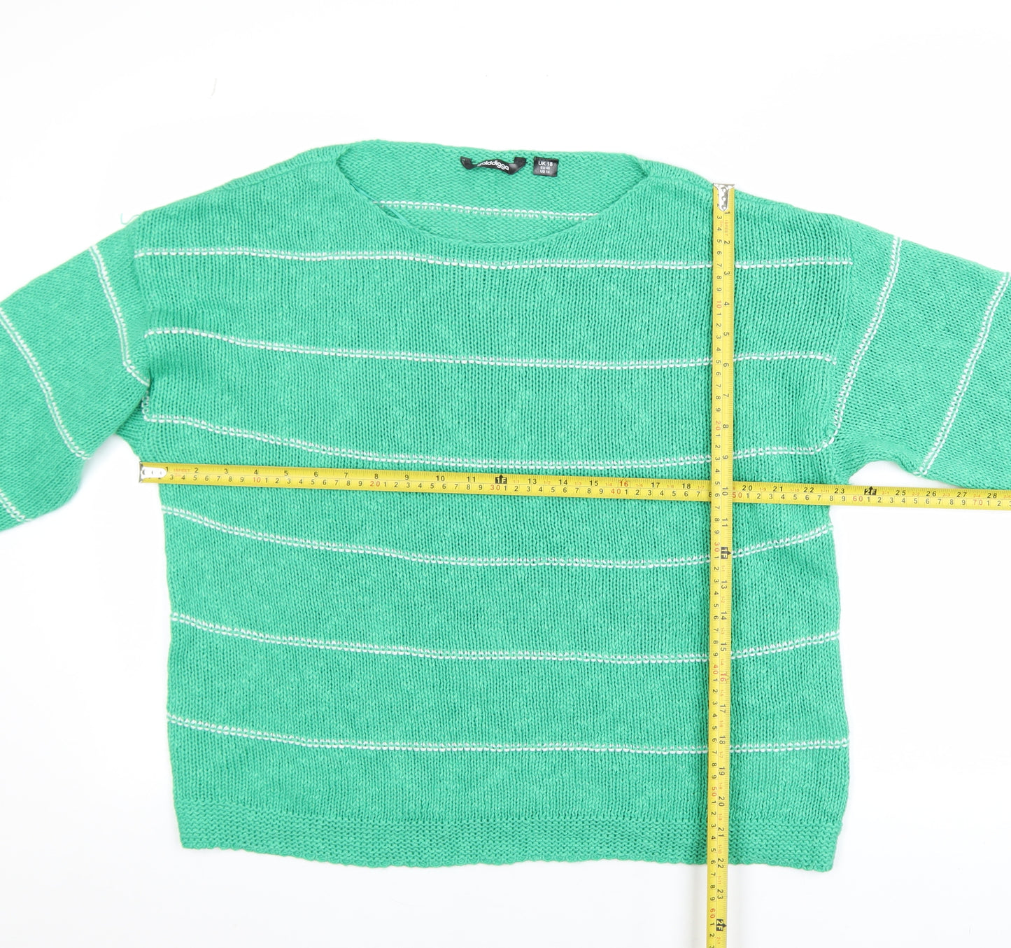 Golddigga Women's Green Striped Knit Jumper UK 18 Long Sleeve Crew Neck