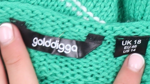 Golddigga Women's Green Striped Knit Jumper UK 18 Long Sleeve Crew Neck