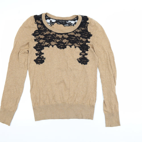 Topshop Womens Beige Black Lace Knit Pullover Jumper Size 8