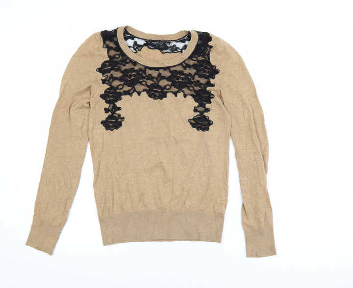 Topshop Womens Beige Black Lace Knit Pullover Jumper Size 8