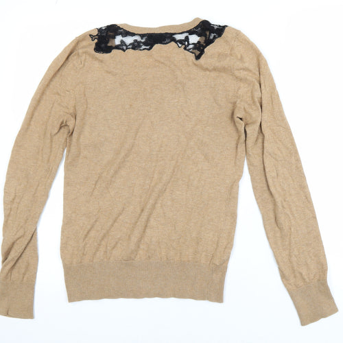 Topshop Womens Beige Black Lace Knit Pullover Jumper Size 8
