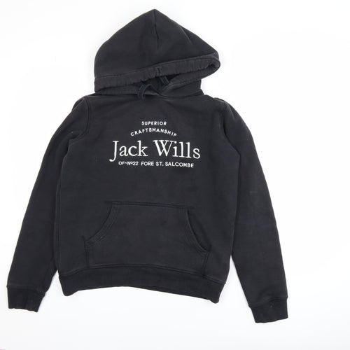 Jack Wills Womens Black Size 8 Pullover Hoodie with Logo Print