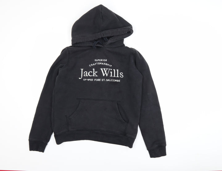 Jack Wills Womens Black Size 8 Pullover Hoodie with Logo Print