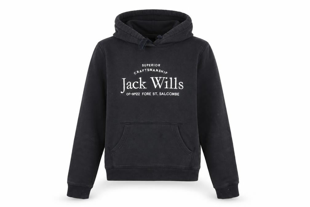 Front view of Jack Wills women’s black, size UK 8, pullover hoodie with logo print