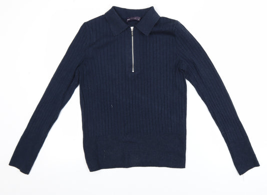 Marks and Spencer Women's Blue Collared Full Zip Jumper Size 12