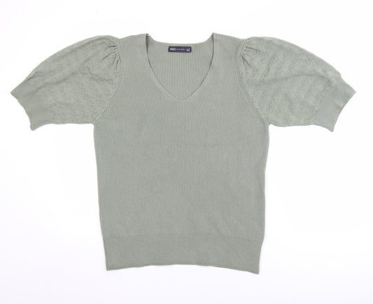 Marks and Spencer Women’s Green Knit Puff Sleeve V-Neck Top Size 16
