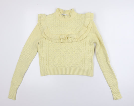 Zara Womens Yellow Ruffle Mock Neck Cable Knit Jumper Size S