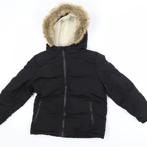 SoulCal & Co Boys Black Faux Fur Hooded Puffer Jacket 6-7 Years Winter Coat