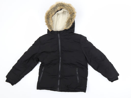 SoulCal & Co Boys Black Faux Fur Hooded Puffer Jacket 6-7 Years Winter Coat