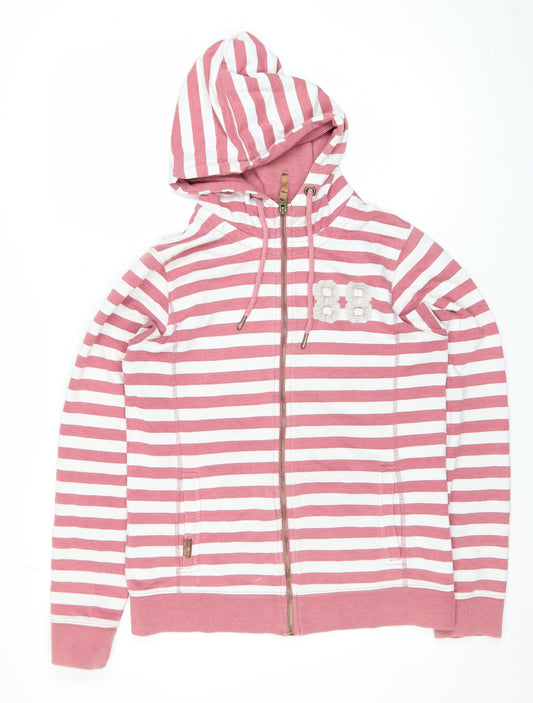 FatFace Women Pink Striped Cotton Hooded Zip Jacket Size 12