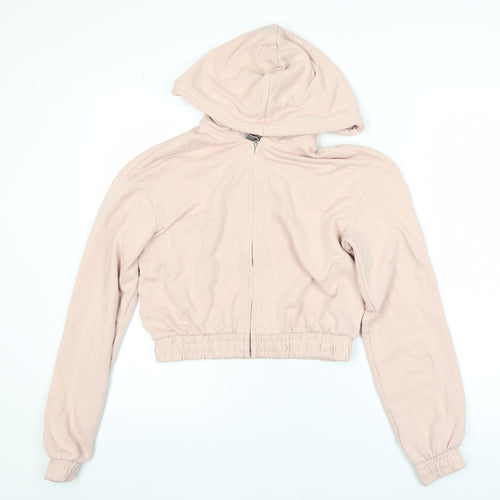 H&M Women Pink Cropped Hooded Full Zip Jacket Size 12