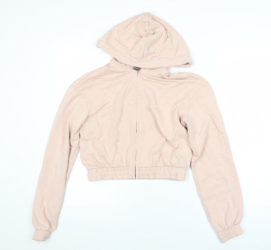 H&M Women Pink Cropped Hooded Full Zip Jacket Size 12
