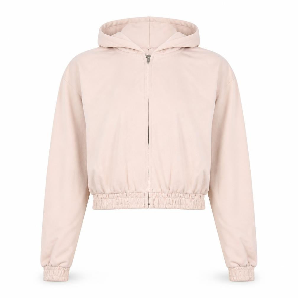 Front view of H&M Women Pink Cropped Hooded Full Zip Jacket, size 12