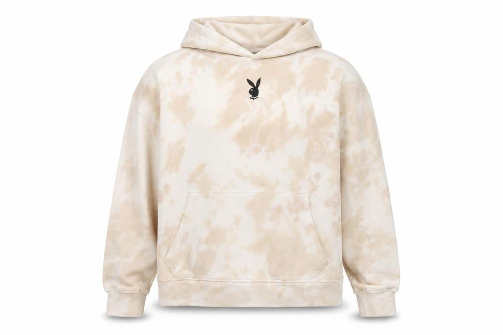 Front view of Missguided Playboy Beige Tie Dye Hoodie women’s, size UK 12, cotton pullover