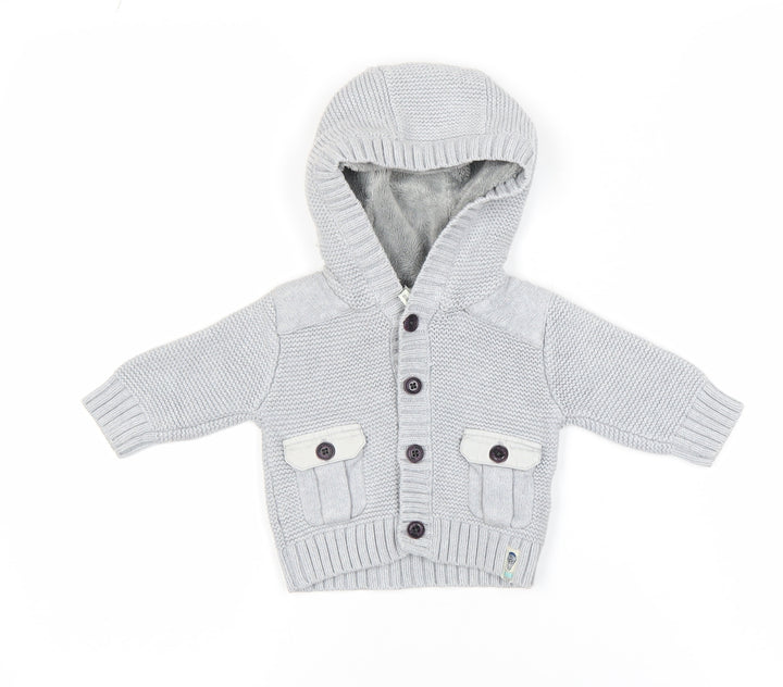 Ted Baker Baby Grey Hooded Button Jacket 0-3 Months Lined Cotton Knit