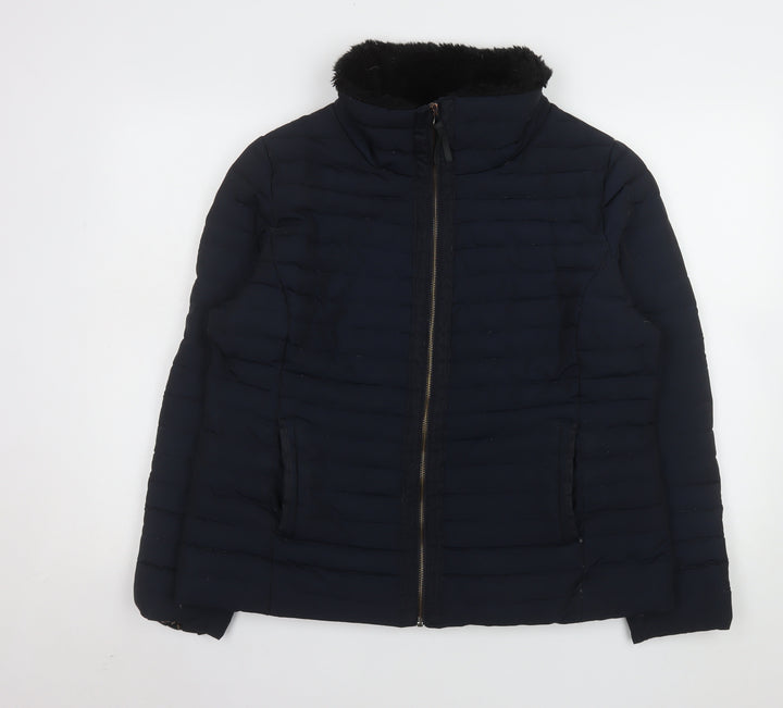Jasper Conran Women's Blue Puffer Jacket Size 18 Faux Fur Collar
