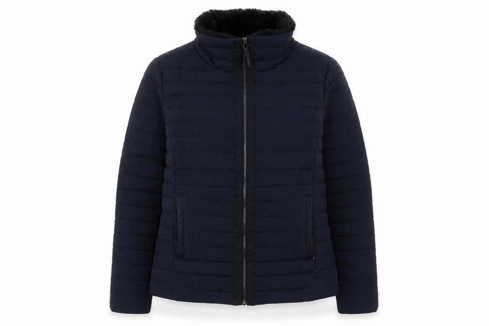 Front view of Jasper Conran Women's Blue Puffer Jacket, size 18, Faux Fur Collar