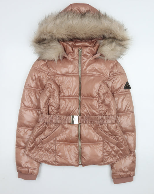 River Island Women's Brown Faux Fur Hooded Puffer Jacket UK 12