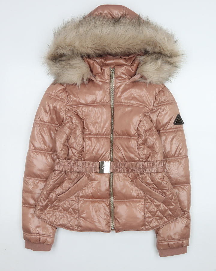 River Island Women's Brown Faux Fur Hooded Puffer Jacket UK 12