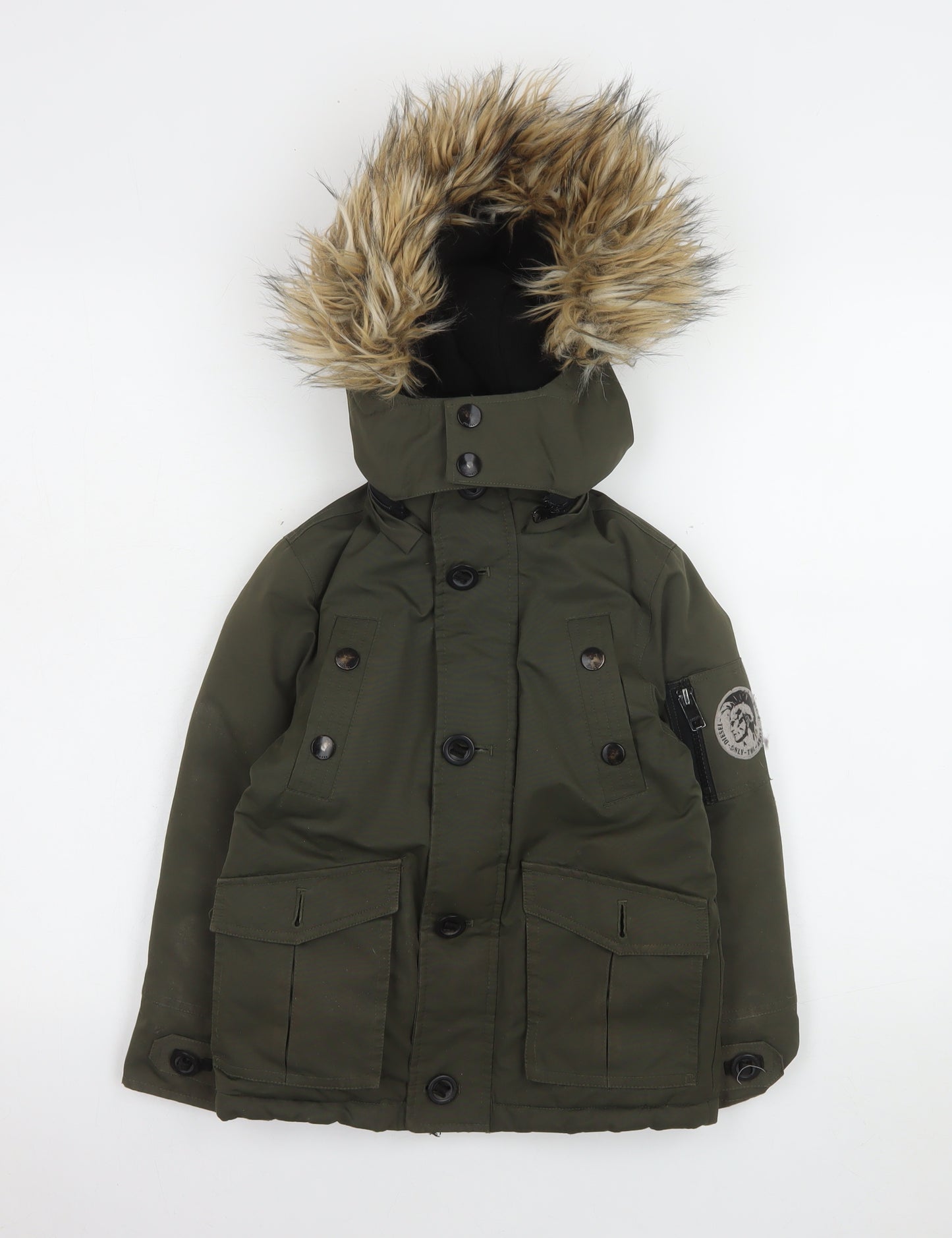 Diesel Boys Green Faux Fur Hooded Padded Parka Coat Size 6 Years