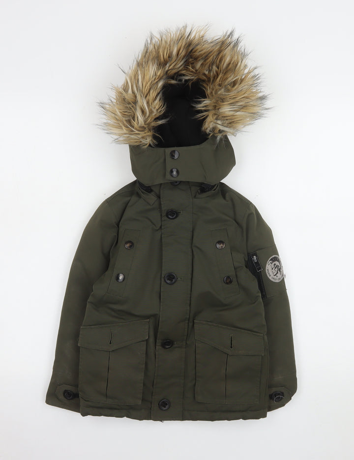 Diesel Boys Green Faux Fur Hooded Padded Parka Coat Size 6 Years