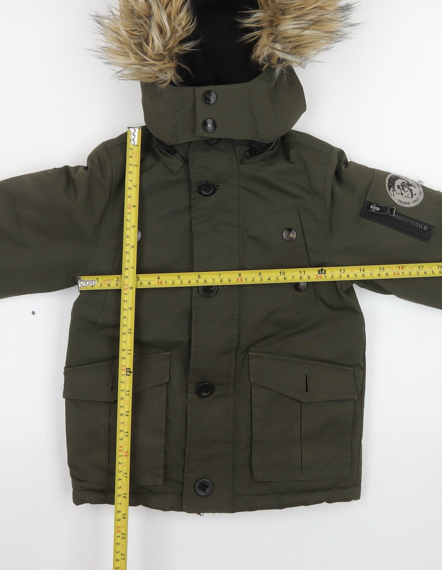 Diesel Boys Green Faux Fur Hooded Padded Parka Coat Size 6 Years