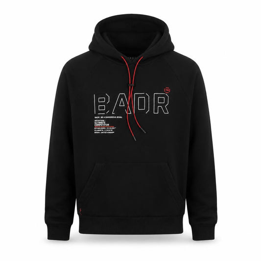 Front view of BADR Men's Black Pullover Hoodie M Sports Fleece Graphic Print