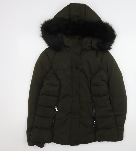 Amy Lynn Women's Green Faux Fur Hooded Puffer Jacket Size 16