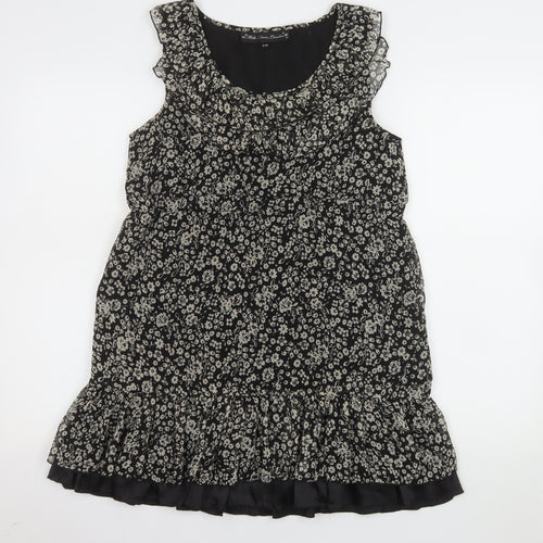 Mela Loves London Women’s Black Floral Chiffon Ruffle Tunic Blouse Size S