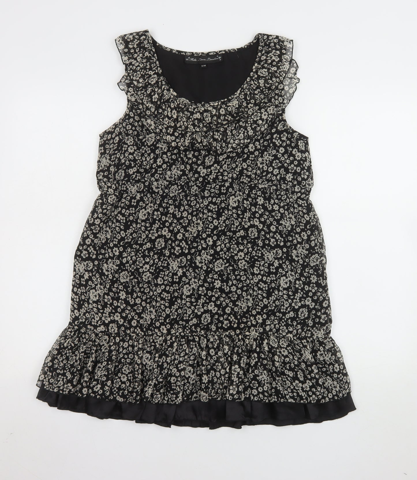 Mela Loves London Women’s Black Floral Chiffon Ruffle Tunic Blouse Size S