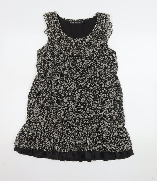 Mela Loves London Women’s Black Floral Chiffon Ruffle Tunic Blouse Size S