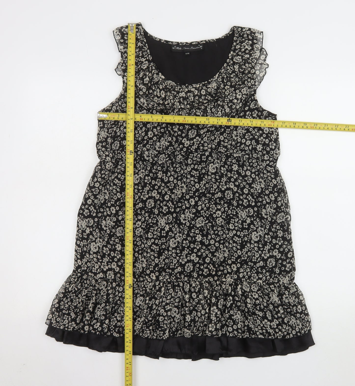 Mela Loves London Women’s Black Floral Chiffon Ruffle Tunic Blouse Size S