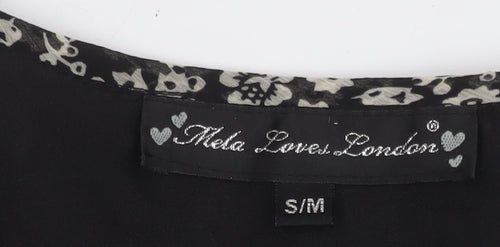 Mela Loves London Women’s Black Floral Chiffon Ruffle Tunic Blouse Size S