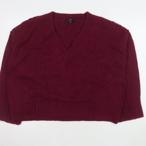 Next Women Red V-Neck Long Sleeve Wool Blend Jumper M