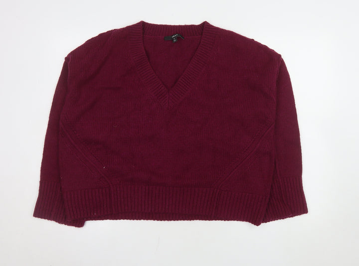 Next Women Red V-Neck Long Sleeve Wool Blend Jumper M