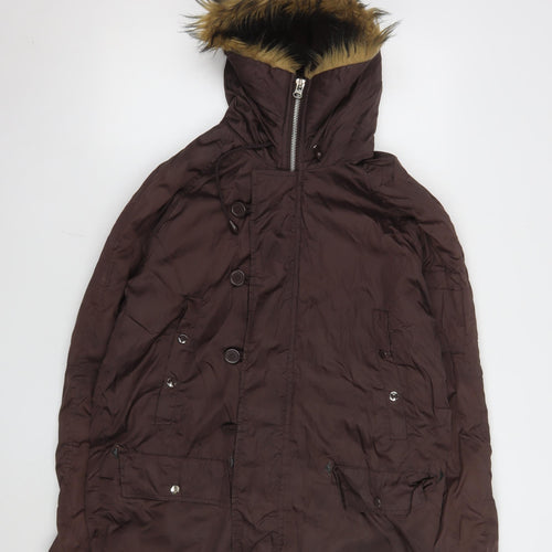 Pop England Women's Brown Faux Fur Trim Hooded Parka Jacket Size S
