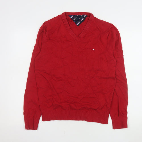 Tommy Hilfiger Men's Red V-Neck Cotton Cashmere Jumper M