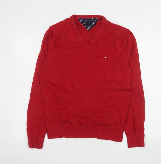 Tommy Hilfiger Men's Red V-Neck Cotton Cashmere Jumper M