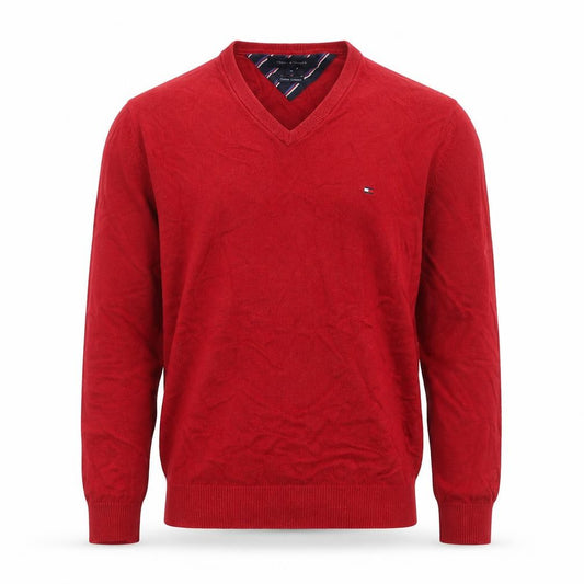 Front view of Tommy Hilfiger Men's Red V-Neck Cotton Cashmere Jumper M