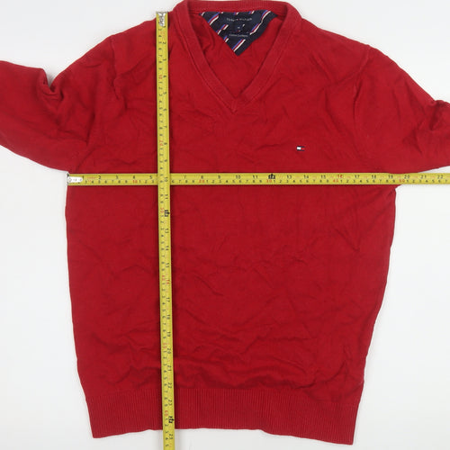 Tommy Hilfiger Men's Red V-Neck Cotton Cashmere Jumper M