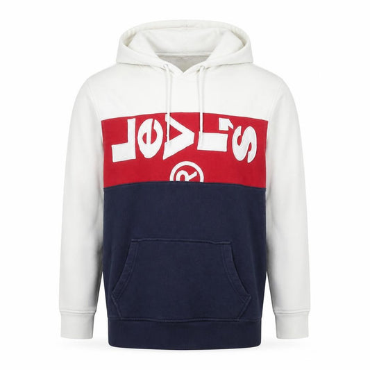 Front view of Levi's Men's Colourblock Hoodie White Red Blue, size L, Cotton Blend