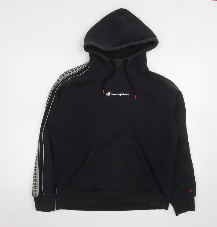 Champion Mens Black Pullover Hoodie L Logo Tape Detail Sportswear