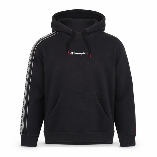 Front view of Champion men’s black pullover hoodie l logo tape detail sportswear