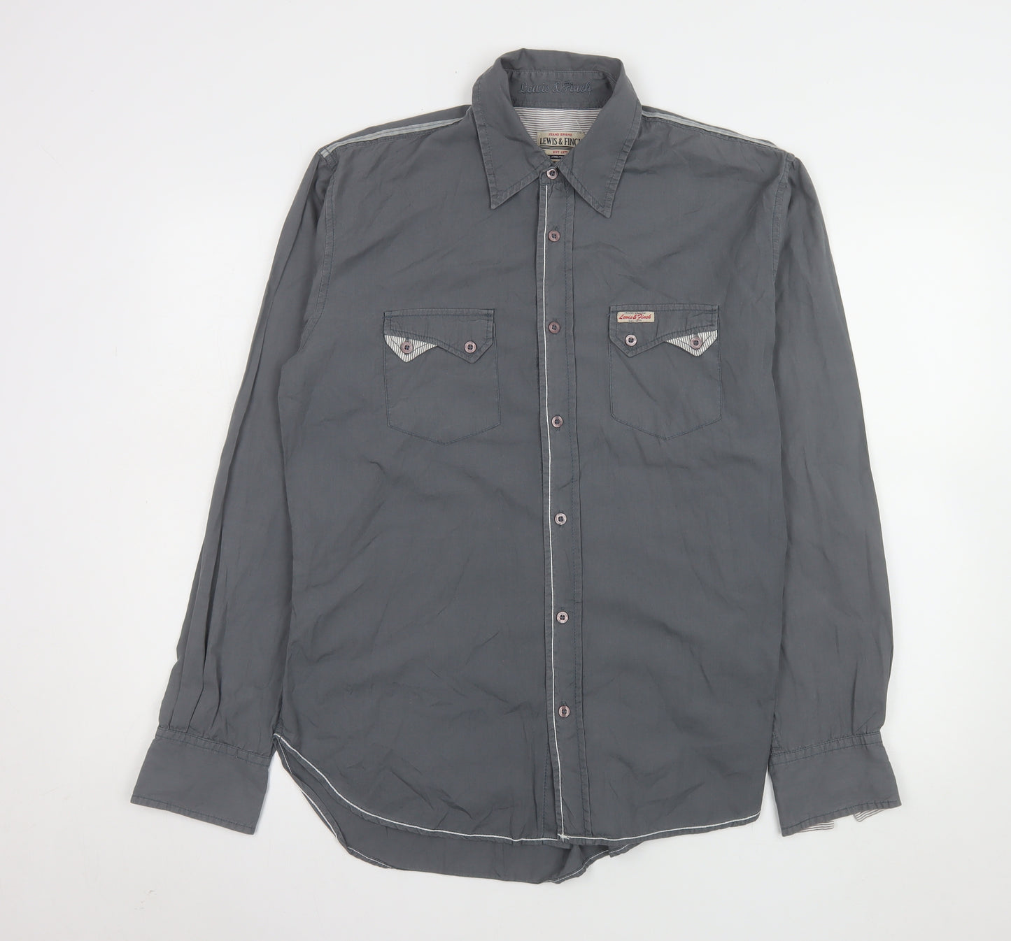 Lewis & Finch Mens Grey Cotton Long Sleeve Button-Up Shirt Size L