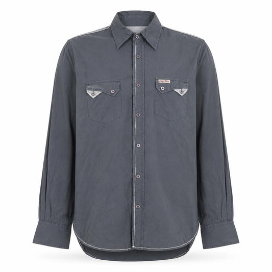 Front view of Lewis & Finch men’s grey cotton long sleeve button-up shirt, size L